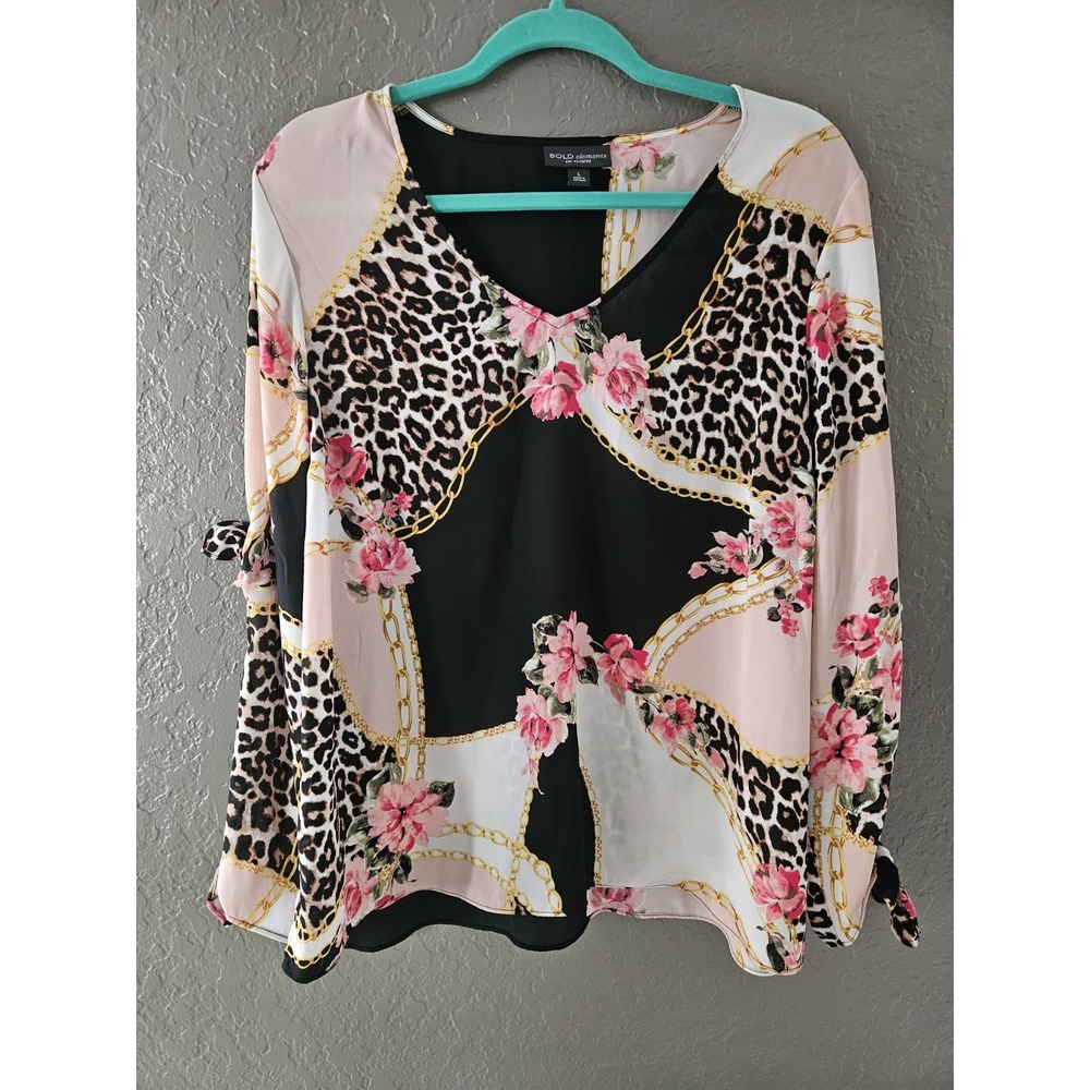 Floral Leopard Chain V-Neck Blouse Pink Black Flowy Pattern Top Size L